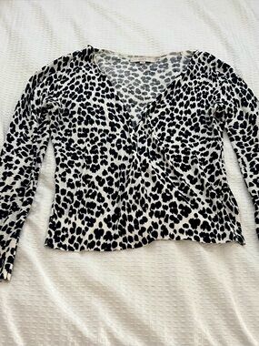 LOFT Black & White Leopard-Print Long Sleeve Wrap Top